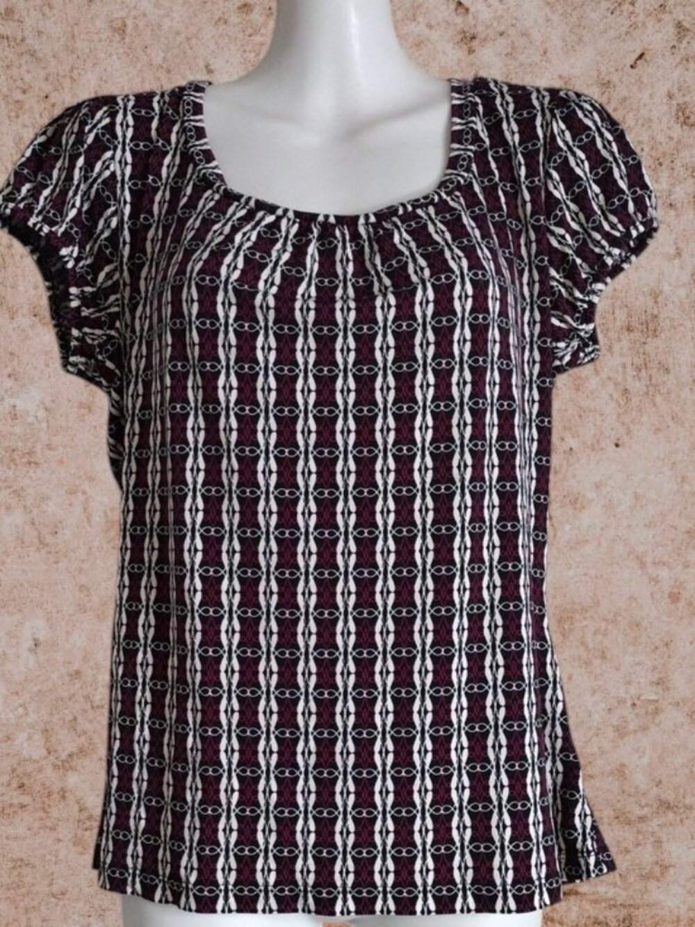 Worthington Casual Burgundy/White Patterned Scoop Neck Women's Top Size Large